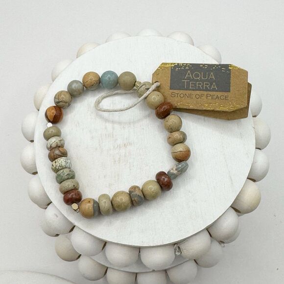Aqua Terra NWT Natural Stone Of Peace Jasper Beaded Stretch Bracelet - Picture 1 of 9
